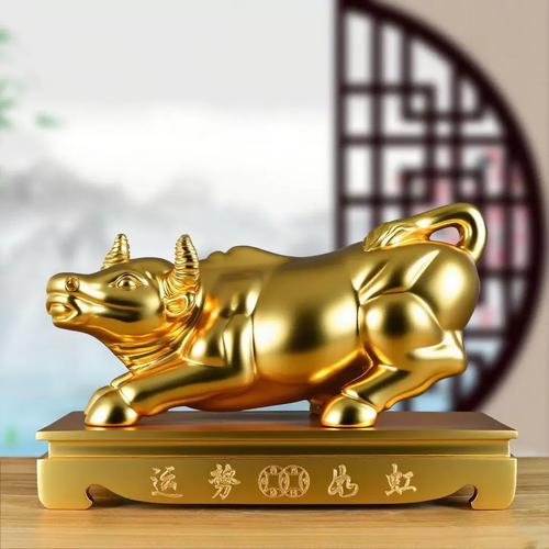 金色木雕牛摆件红木生肖华尔街牛家居装饰客厅开业实木质工艺礼品